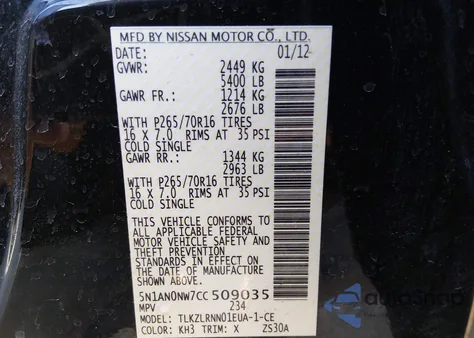 2012 Nissan Xterra S z USA, uszkodzony, nr VIN 5N1AN0NW7CC509035